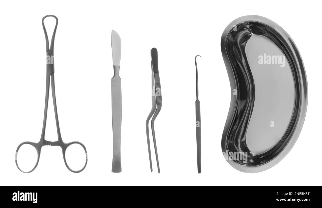 Set with different surgical instruments on white background. Banner design Stock Photo