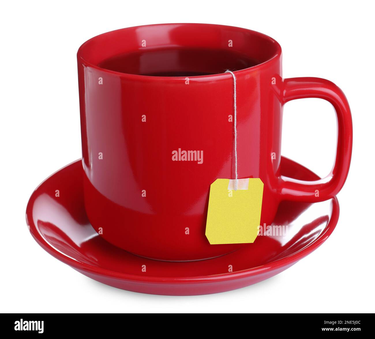 Red cup with teabag isolated on white Stock Photo