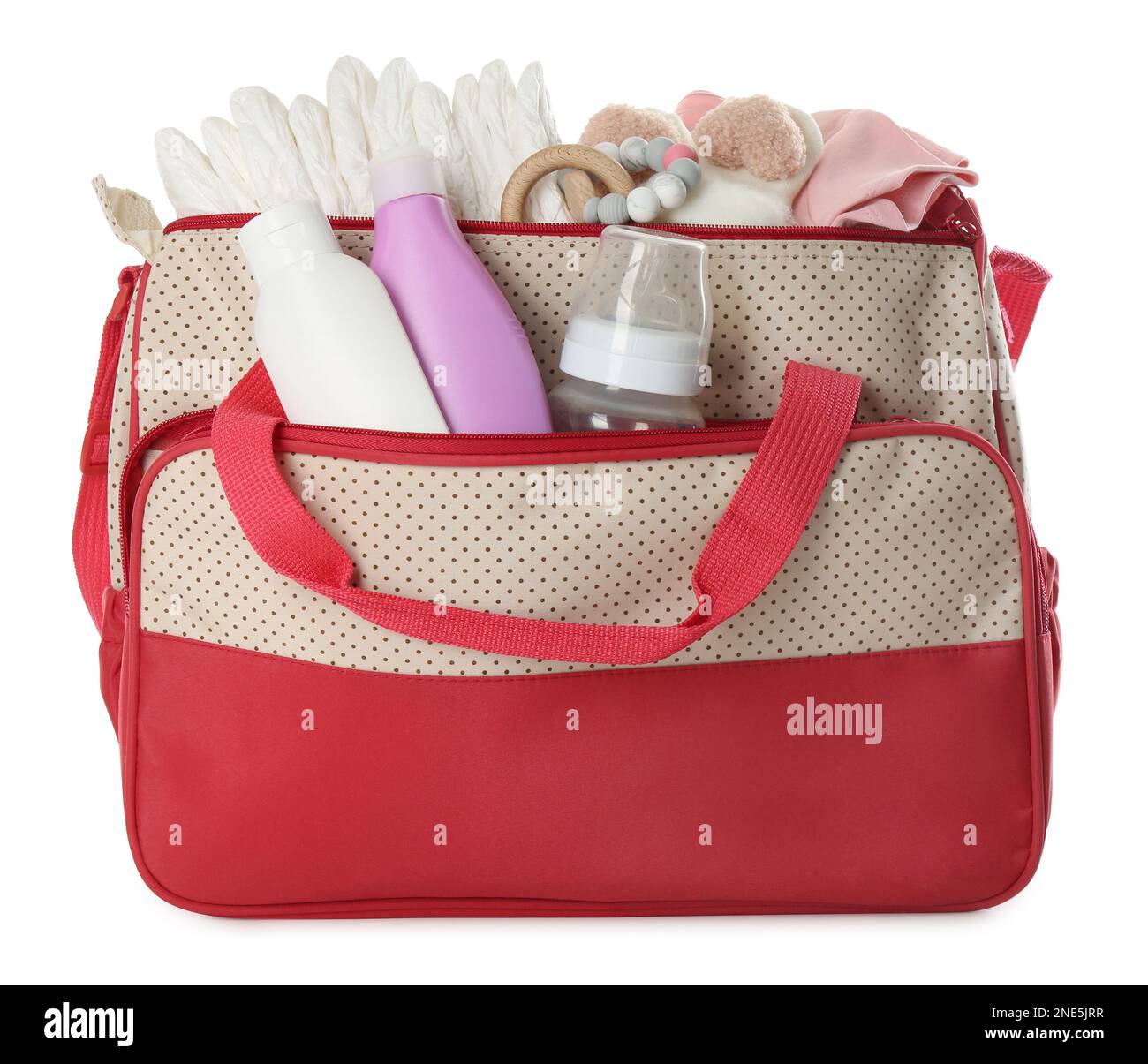 Mother's bag with baby's stuff isolated on white Stock Photo Alamy