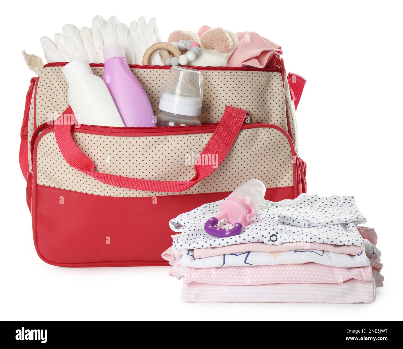 Mother's bag with baby's stuff isolated on white Stock Photo Alamy