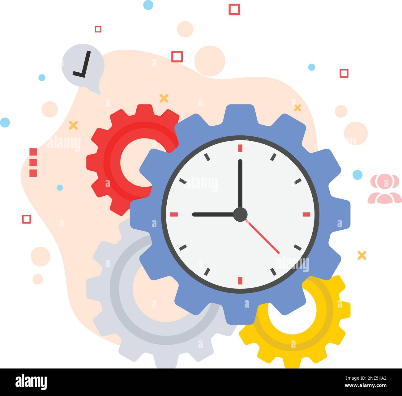 Three cogwheels sync with each other stock illustration, Daily Job time management concept, hrm symbol, gear inside clock vector color icon design, Of Stock Vector