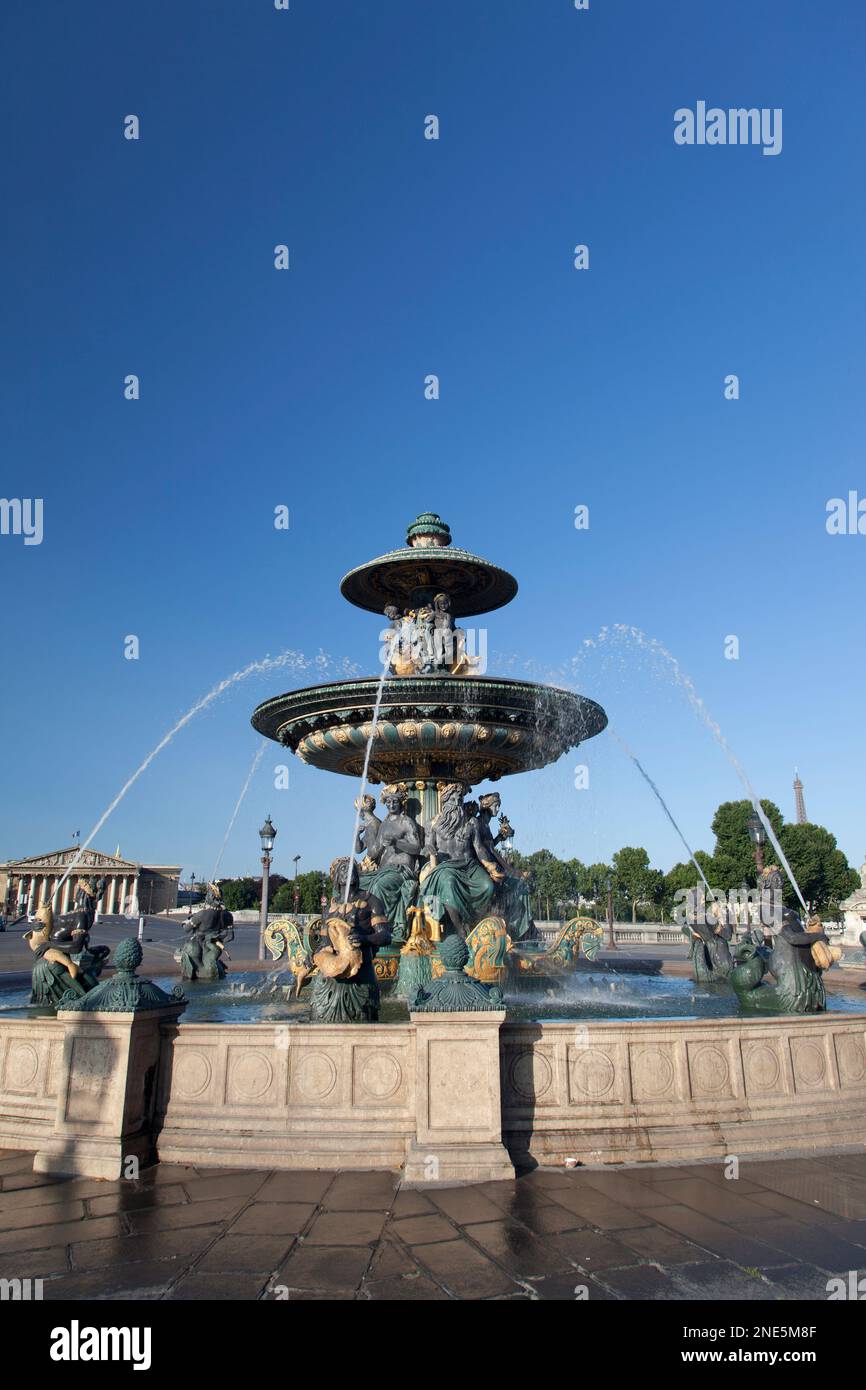 France, Paris, La fontaine des Mers, Fountain by Jacques Ignace Hittorff, Place de la Concorde. Stock Photo