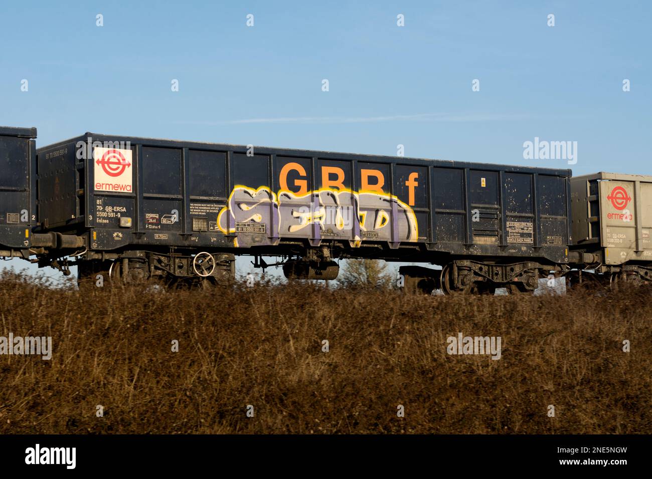 GBRf ballast wagon with graffiti, Warwickshire, UK Stock Photo