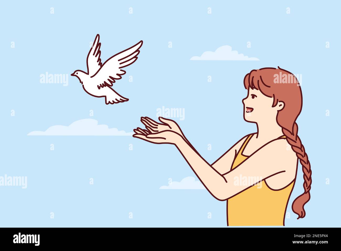 Little girl volunteers teenager sets dove free and lets bird fly towards sky for family reunion. Dove symbolizes peace and prosperity or activism to protect animal birds locked in cages  Stock Vector