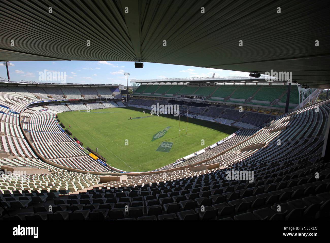 This photo taken Sunday Feb. 28 shows the interior of the Free State Soccer Stadium in Bloemfontein, South Africa. (AP Photo/Denis Farrell) Stock Photo