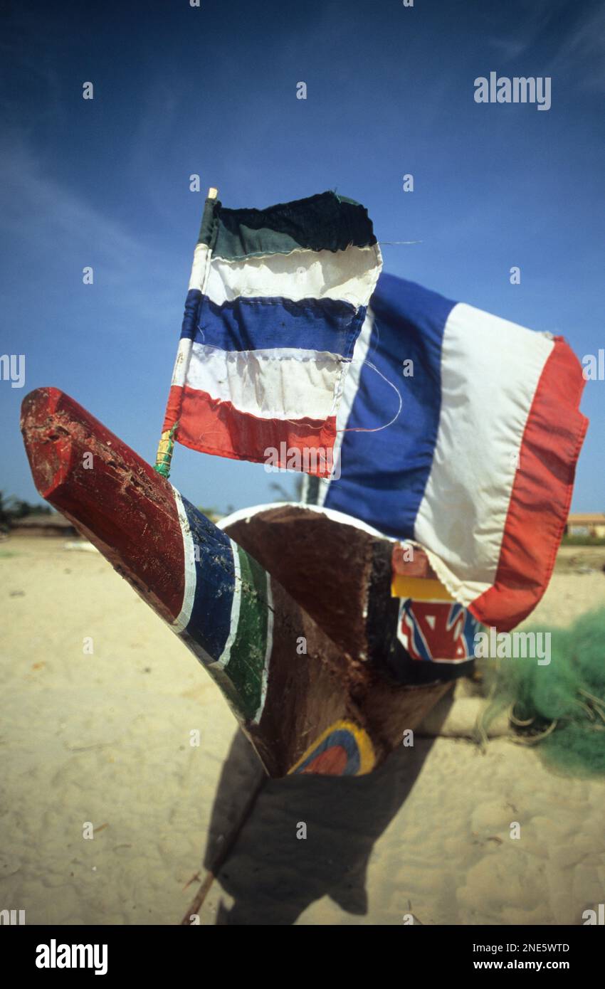 The Gambia, Sanyang beach, Gambian fishing boat with French and Gambian