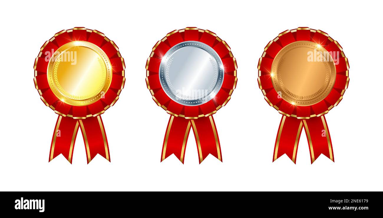 Set of gold, silver, bronze medals with red ribbon. 3d insignia