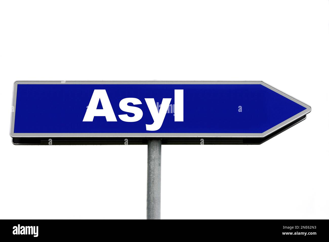blue signpost lettering Asyl, economic crisis Stock Photo