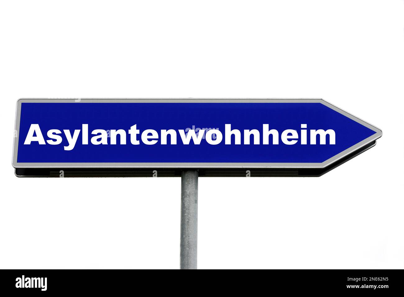 blue signpost lettering Asylantenwohnheim, asylum-seekers' hostel Stock Photo