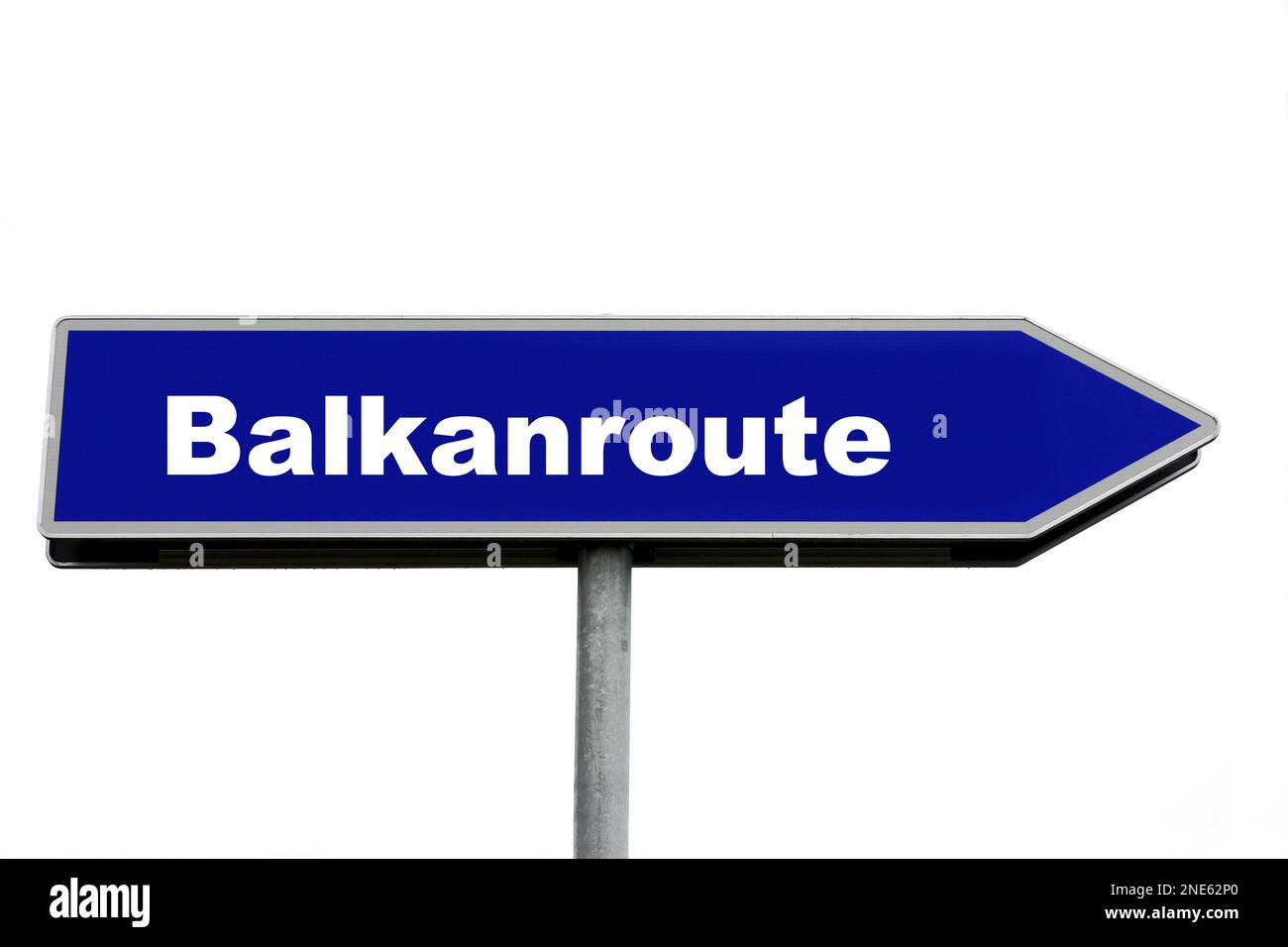blue signpost lettering Balkanroute, Balkan route Stock Photo