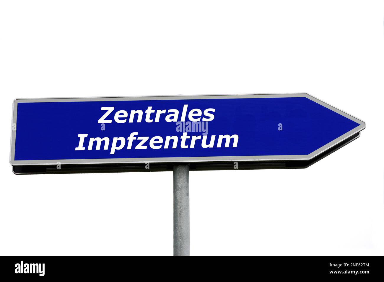 blue signpost lettering Zentrales Impfzentrum, central vaccination centre Stock Photo