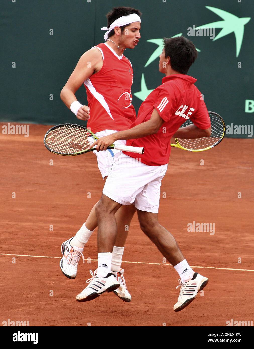 Chile's Paul Capdeville, left, and Jorge Aguilar, celebrate a point against  Israel's Andy Ram and Jonathan Erlich during their Davis Cup doubles tennis  game in Coquimbo, Chile, Sunday, March 7, 2010. (AP