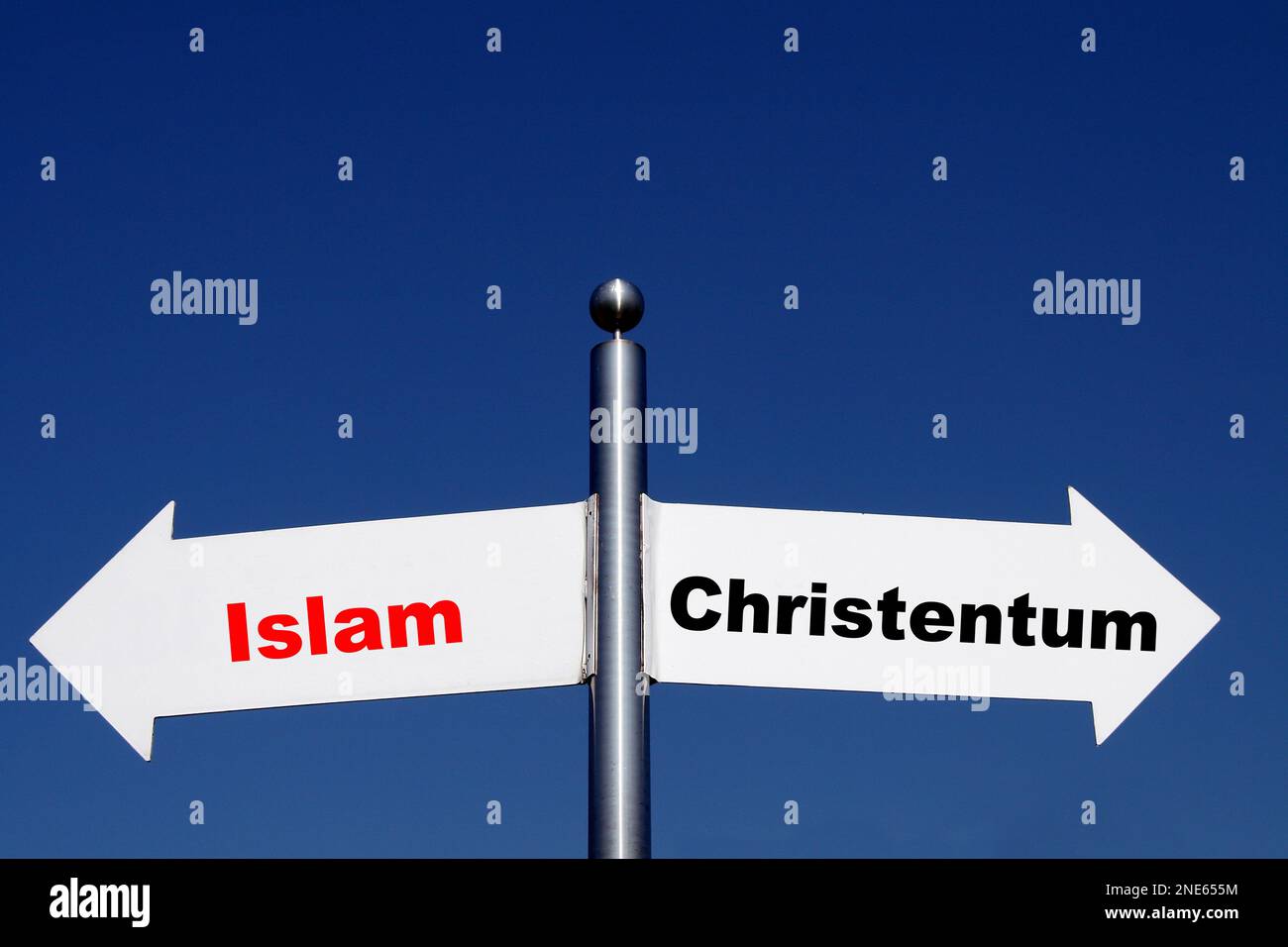 signposts pointing in different directions, options North Islam - Christendom Stock Photo