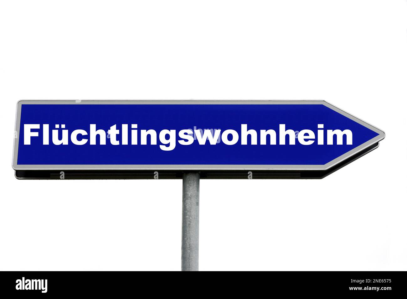 blue signpost lettering Fluechtlingswohnheim, asylum-seekers' hostel Stock Photo