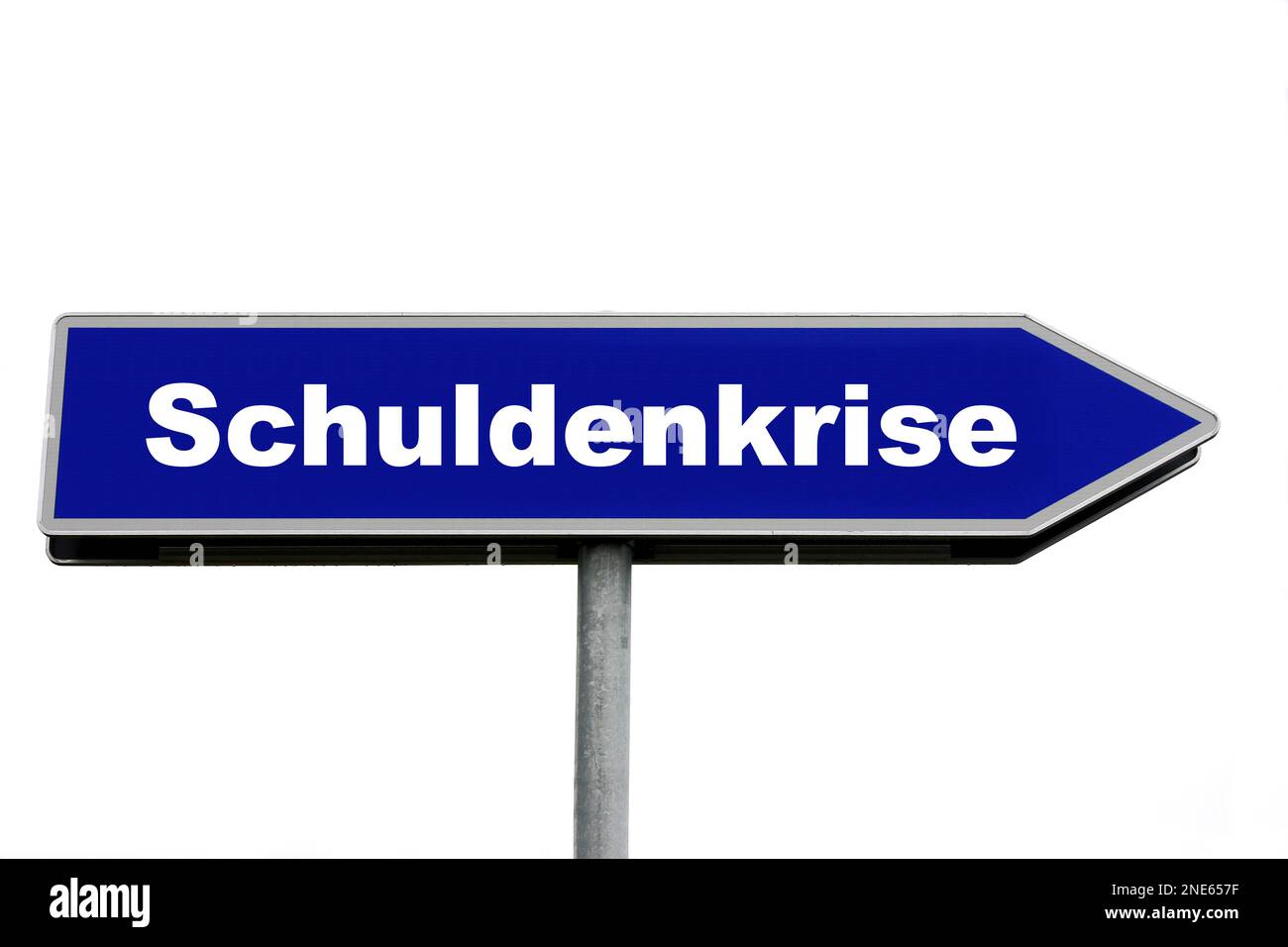 blue signpost lettering Schuldenkrise, debt crisis Stock Photo