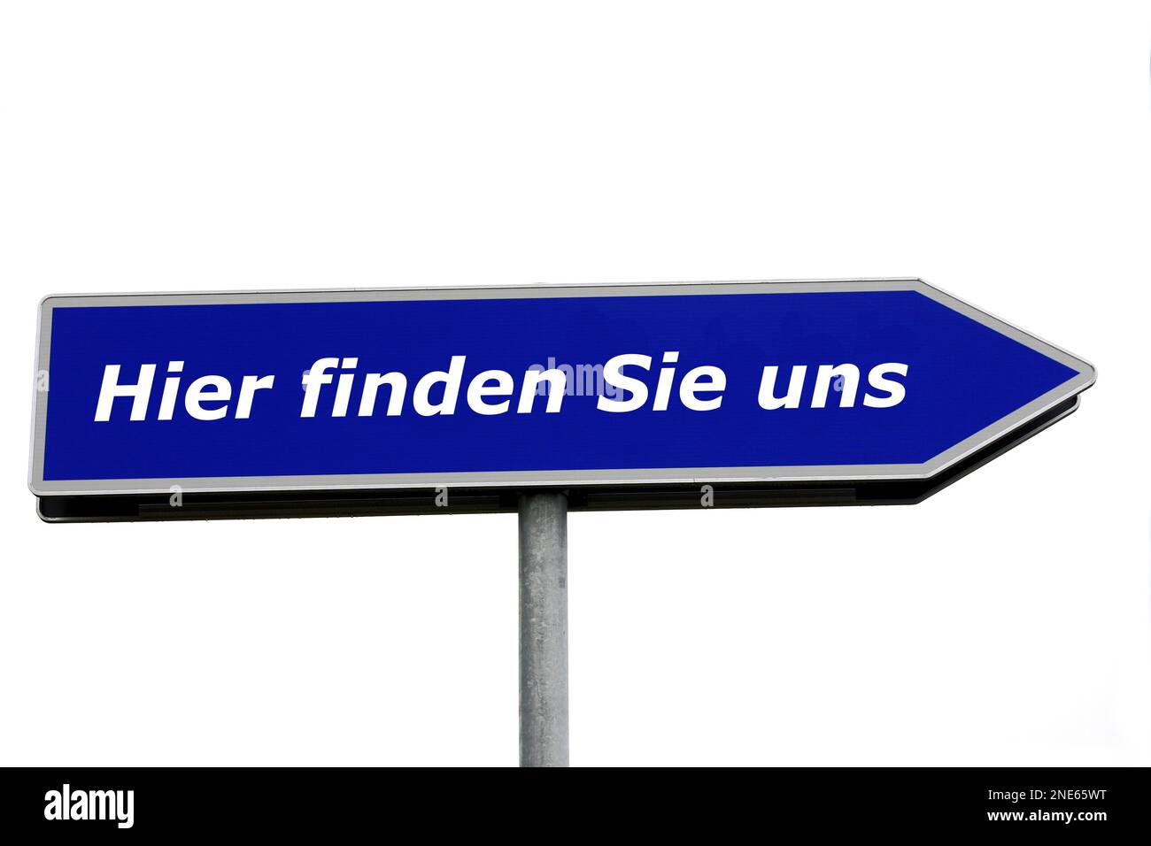blue signpost lettering Hier finden Sie uns, You find us here Stock Photo