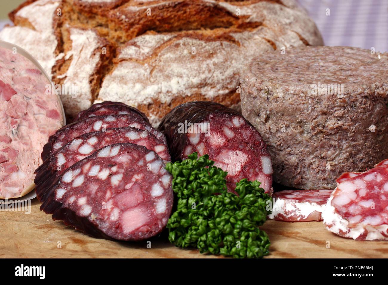 snack with bread and various specialty sausages Stock Photo Alamy