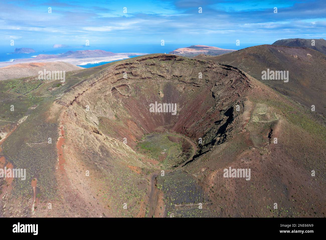 volcanic cone La Caldera near Magues, aerial view, Canary Islands, Lanzarote, Maguez Stock Photo