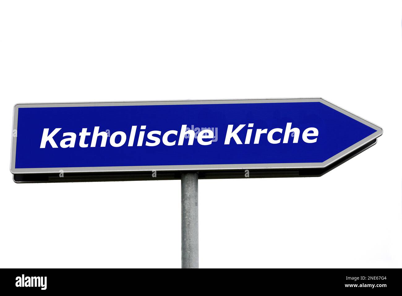 blue signpost lettering Katholische Kirche, catholic Church Stock Photo