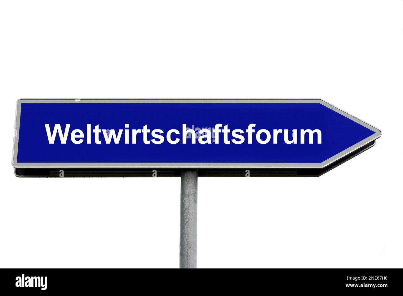 blue signpost lettering Weltwirtschaftsforum, World Economic Forum Stock Photo