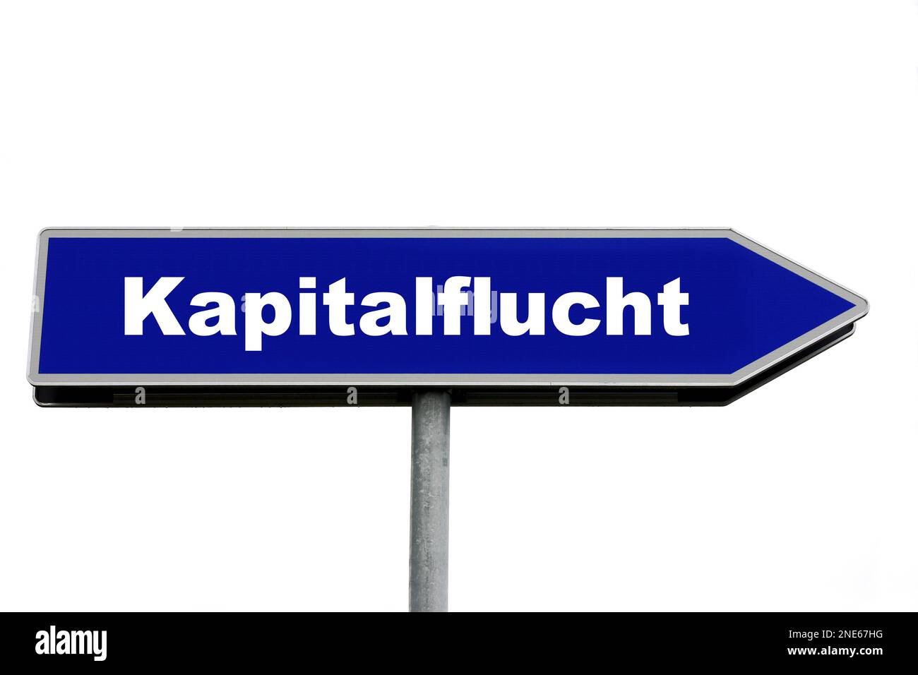 blue signpost lettering capital flight Stock Photo