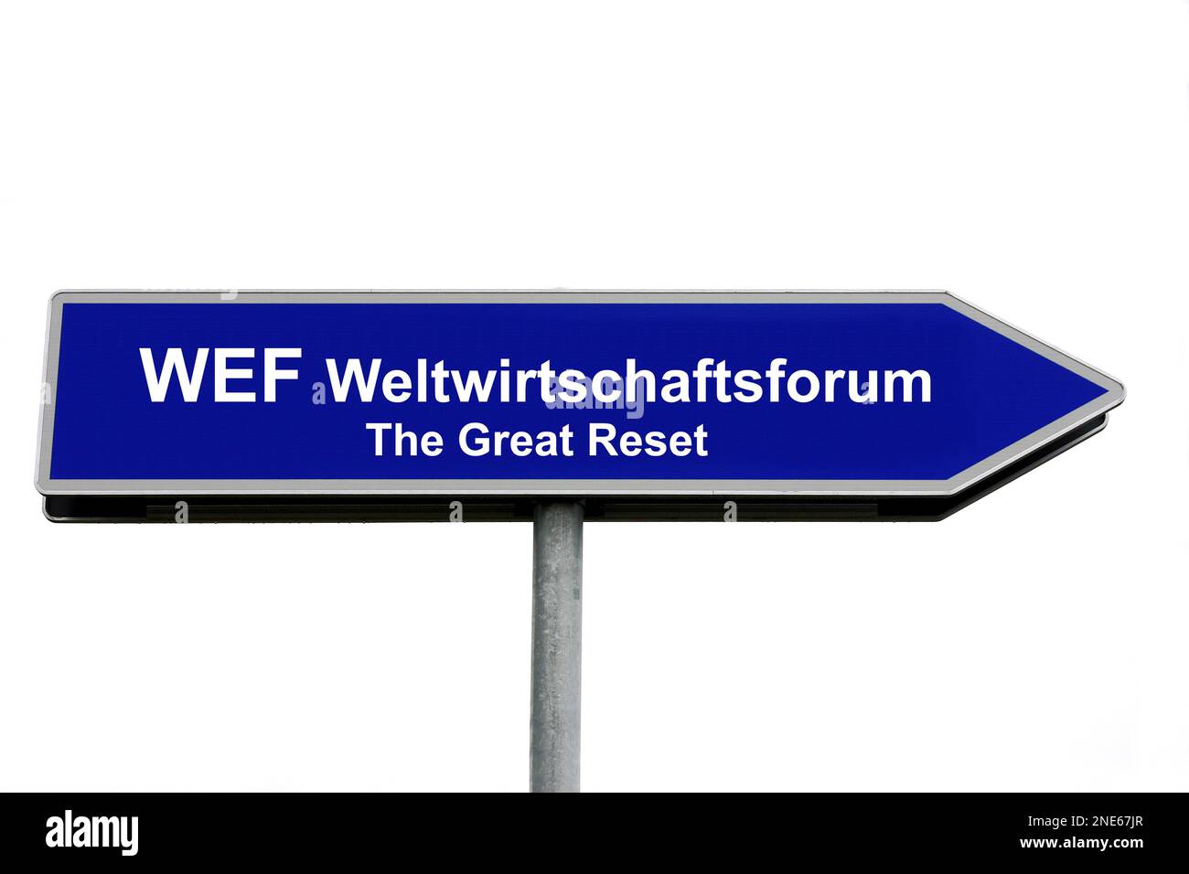 blue signpost lettering WEF, World Economic Forum, The Great Reset Stock Photo