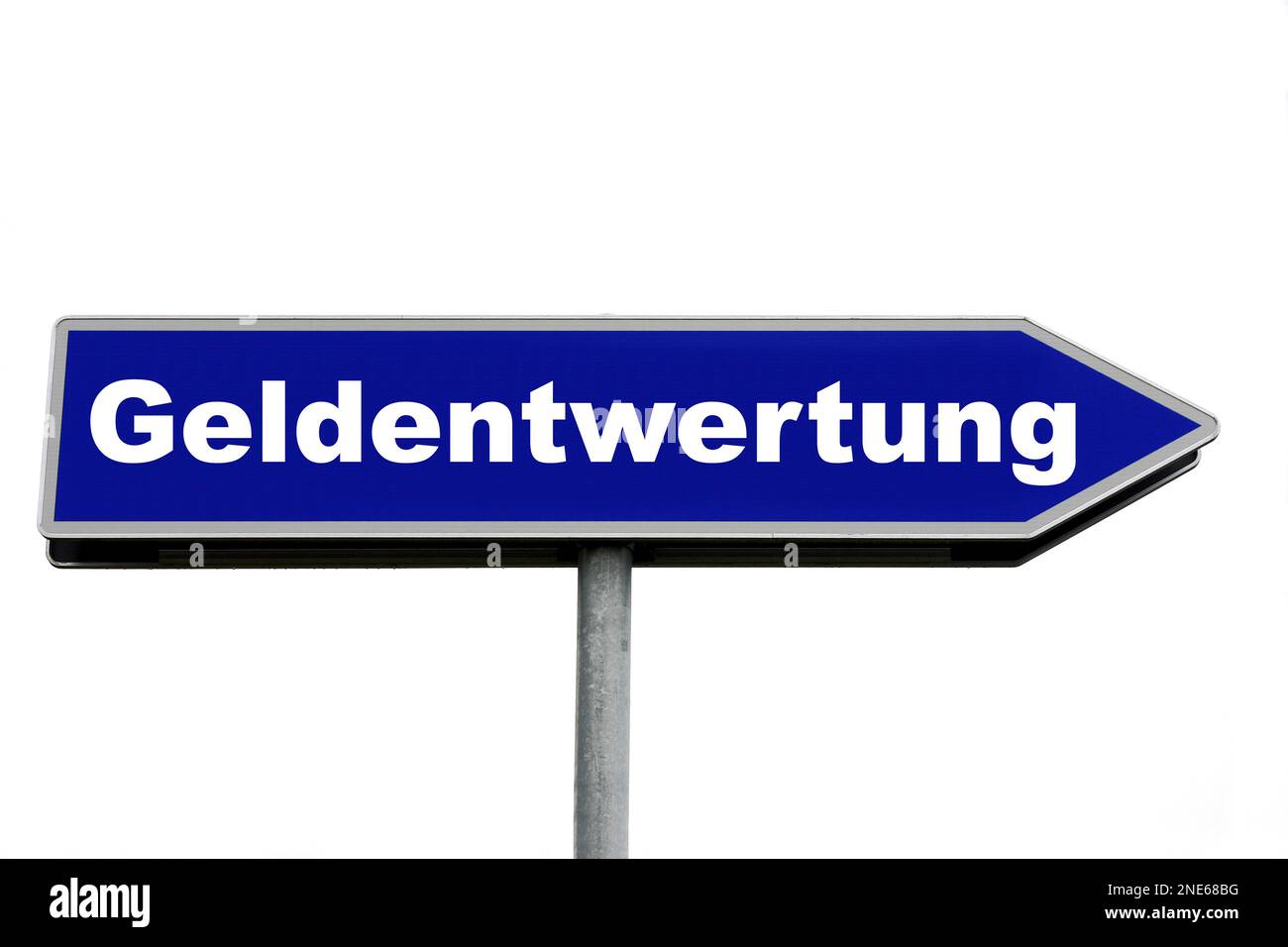 blue signpost lettering Geldentwertung, inflation Stock Photo