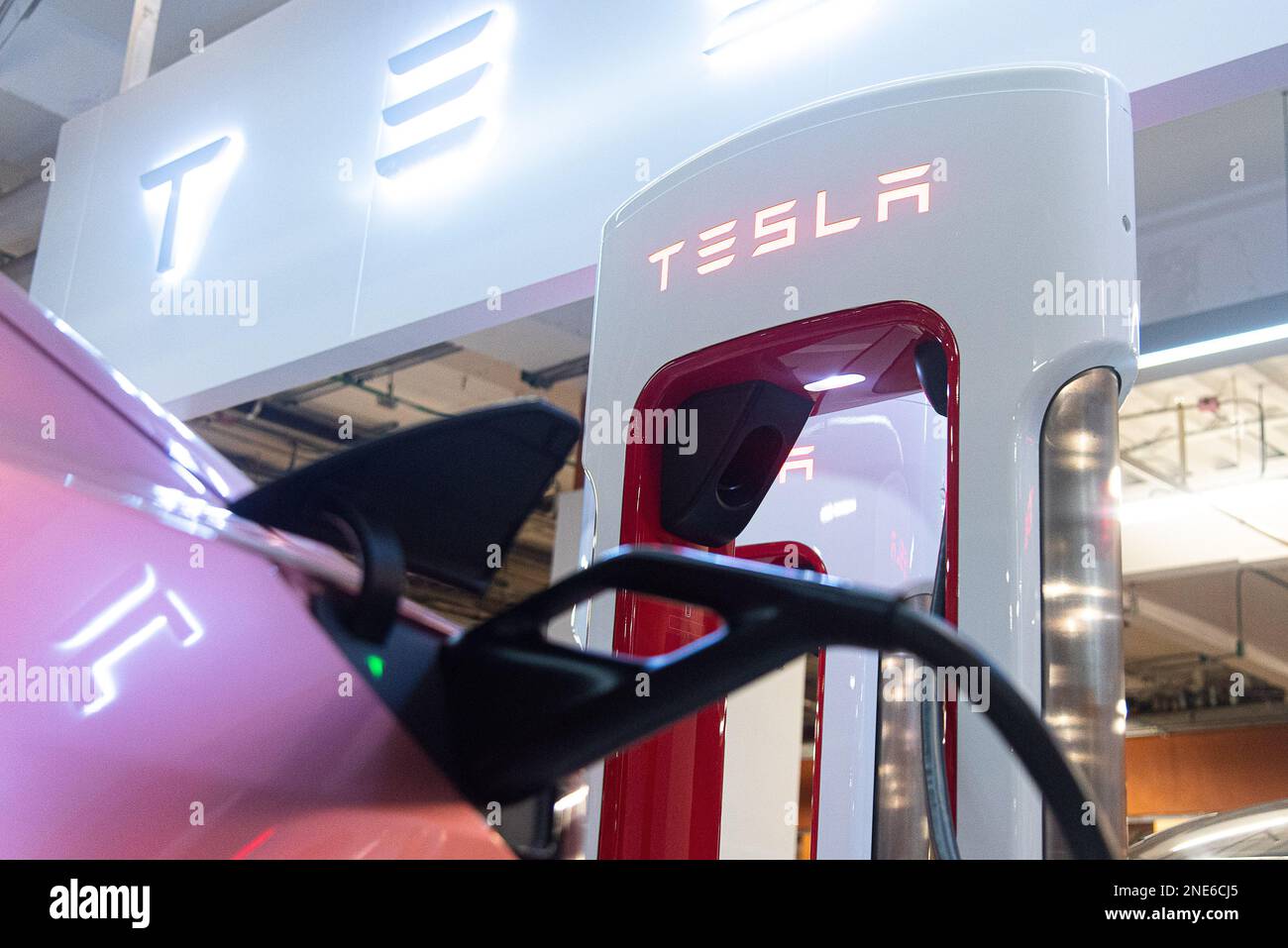 Bangkok, Thailand. 16th Feb, 2023. A Tesla car is seen plugged into a