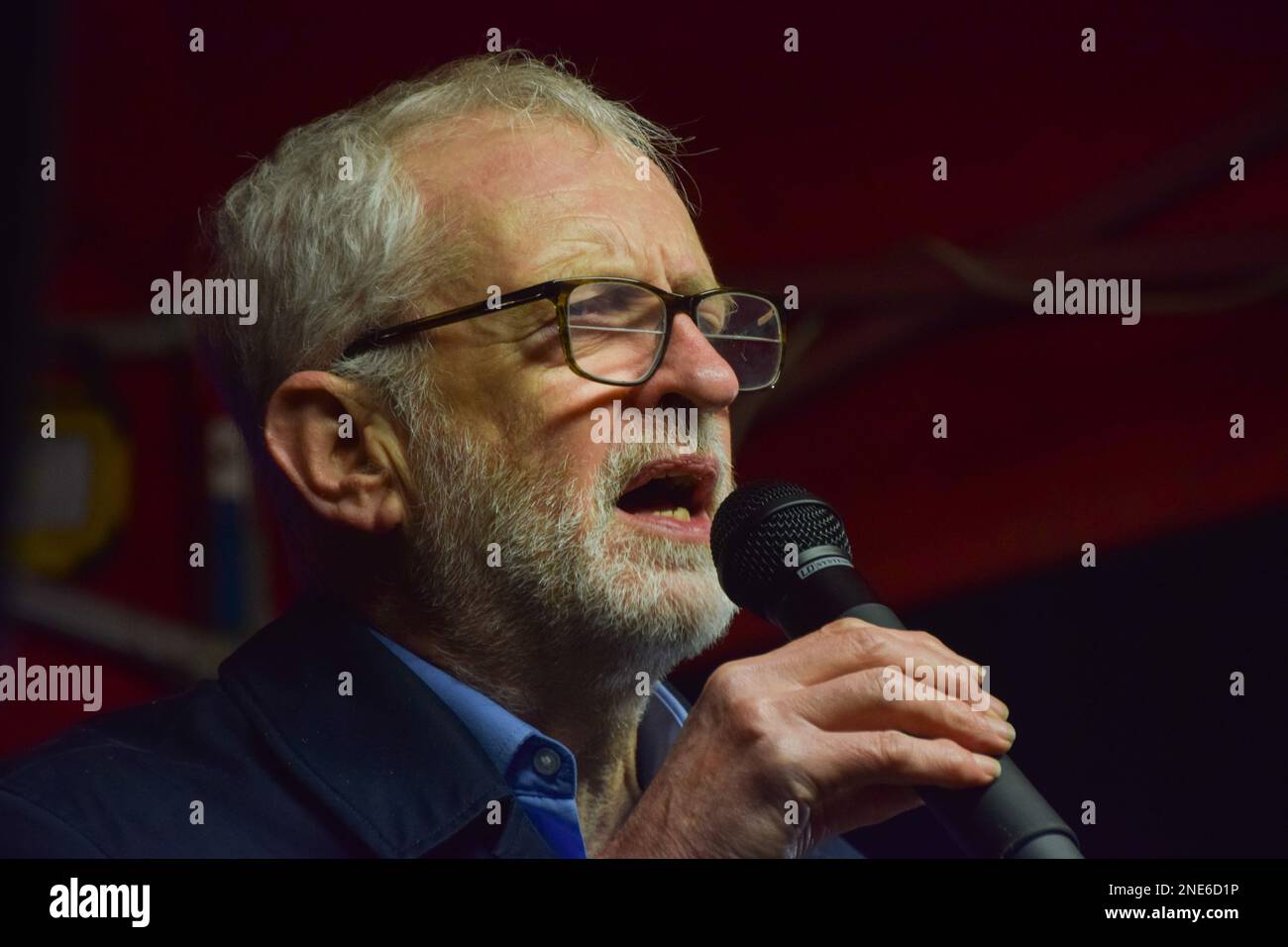 London, UK. 16th January 2023. Former Labour leader Jeremy Corbyn gives a speech. Various trade unions and their members staged a rally outside Downing Street in response to the UK government's plans for a new law limiting strikes. Stock Photo