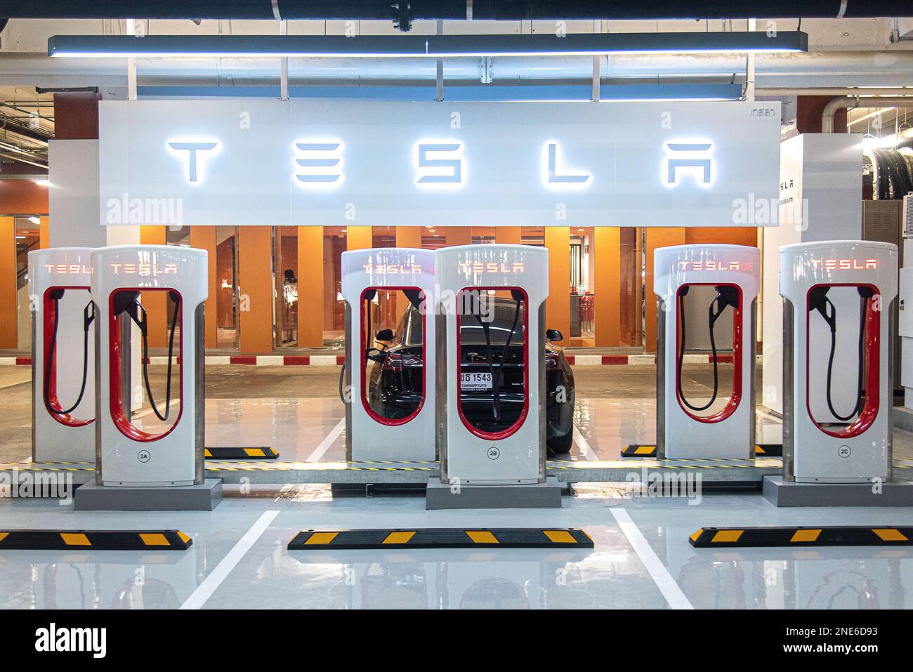 A view of Tesla Supercharger station at Central World shopping mall in