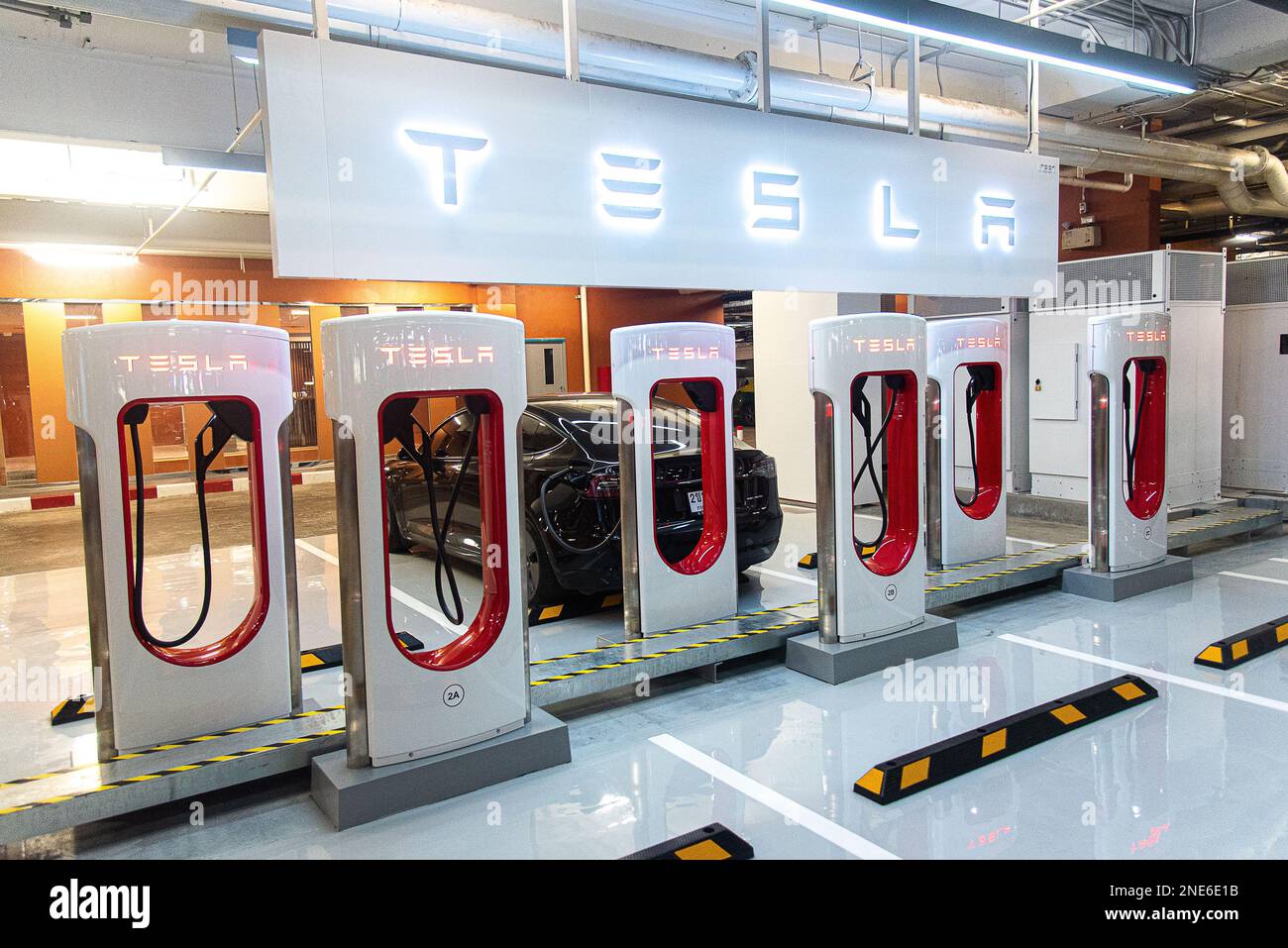 A view of Tesla Supercharger station at Central World shopping mall in