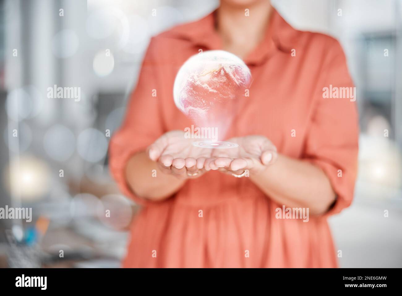 Global, hologram and woman hands for world networking, communication and futuristic company outreach in bokeh. Holographic, future technology and Stock Photo