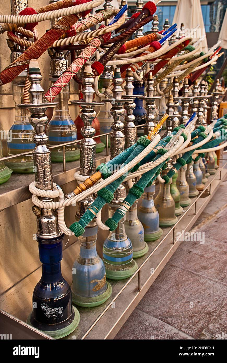 Ornate and colourful hookah,shisha,hubbly bubbly type water pipes seen