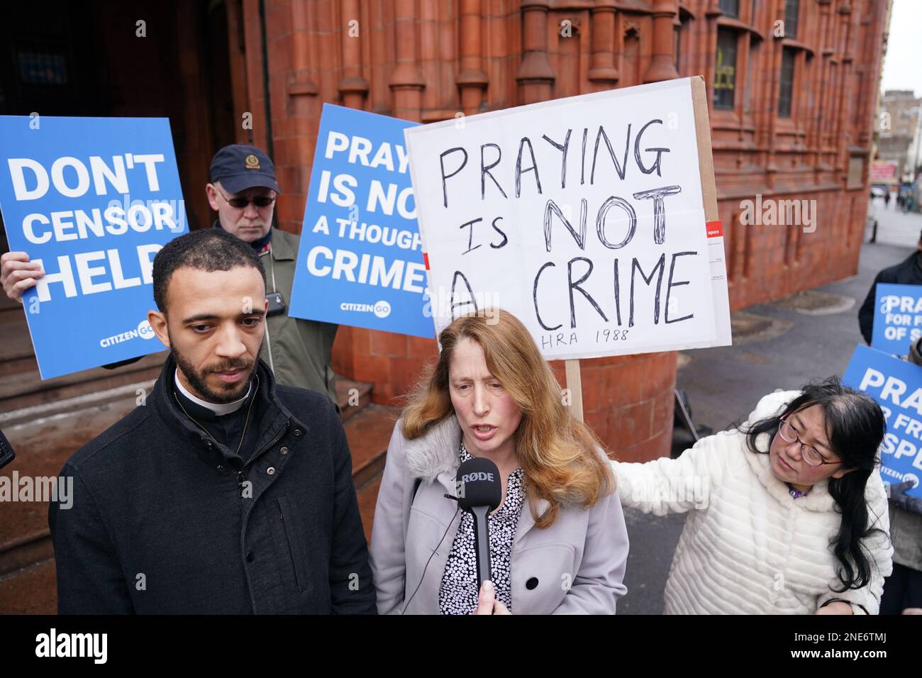 Father Sean Gough, a Catholic priest of the Archdiocese of Birmingham, and Isabel Vaughan-Spruce at Birmingham Magistrates' Court where they are accused of protesting outside an abortion clinic inside a Birmingham abortion facility censorship zone. Picture date: Thursday February 16, 2023. Stock Photo