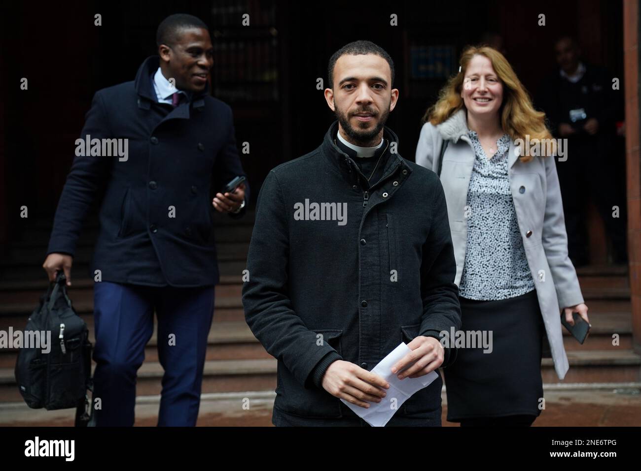 Father Sean Gough (centre), a Catholic priest of the Archdiocese of Birmingham, and Isabel Vaughan-Spruce at Birmingham Magistrates' Court where they are accused of protesting outside an abortion clinic inside a Birmingham abortion facility censorship zone. Picture date: Thursday February 16, 2023. Stock Photo
