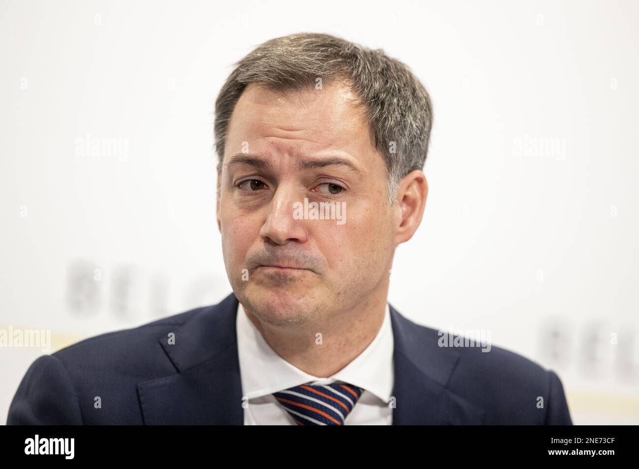 Prime Minister Alexander De Croo pictured during a press conference following the meeting of the security council, in Brussels, Thursday 16 February 2023. The meeting was organised to discuss the situation in Ukraine, almost one year after the Russian invasion and war, and the fight against drug related crimes. BELGA PHOTO NICOLAS MAETERLINCK Stock Photo