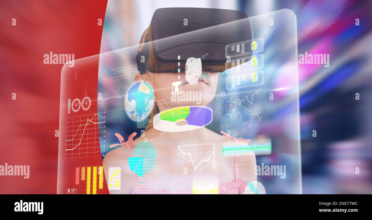 Composition of digital icons and data processing with girl wearing vr ...