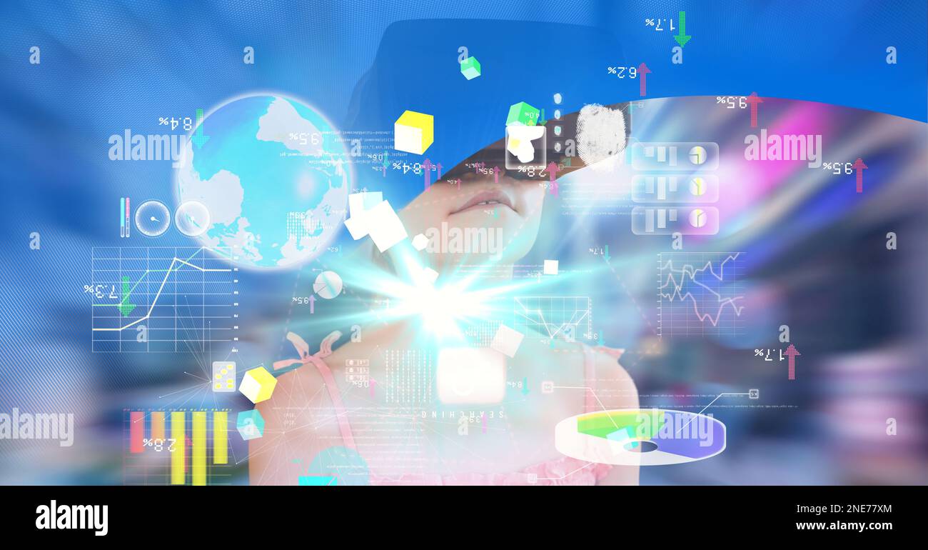 Composition of digital icons and data processing with girl wearing vr ...