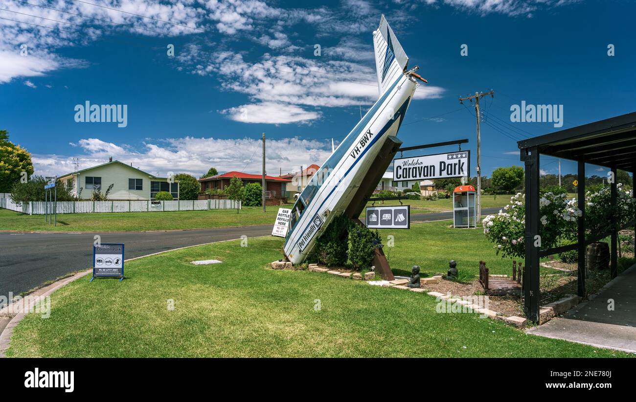 Walcha, New South Wales, Australia - Old plane used as a sign for Walcha Caravan Park Stock Photo