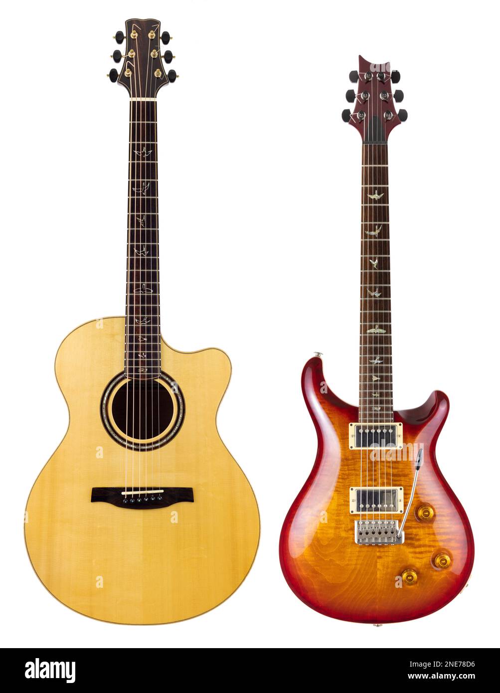 Guitars Two guitars Electric Guitar Acoustic Guitars cut out Guitars on white background PRS custom 22 guitar PRS Angelus acoustic guitar Two guitars Stock Photo