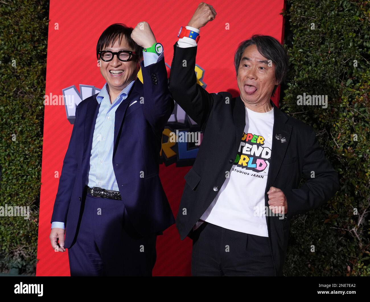 Los Angeles, USA. 15th Feb, 2023. (L-R) Shinya Takahashi and Nintendo  Creative Fellow, Shigeru Miyamoto at the Universal Studios Hollywood's  SUPER NINTENDO WORLD Grand Opening Celebration held at the Universal  Studios Hollywood