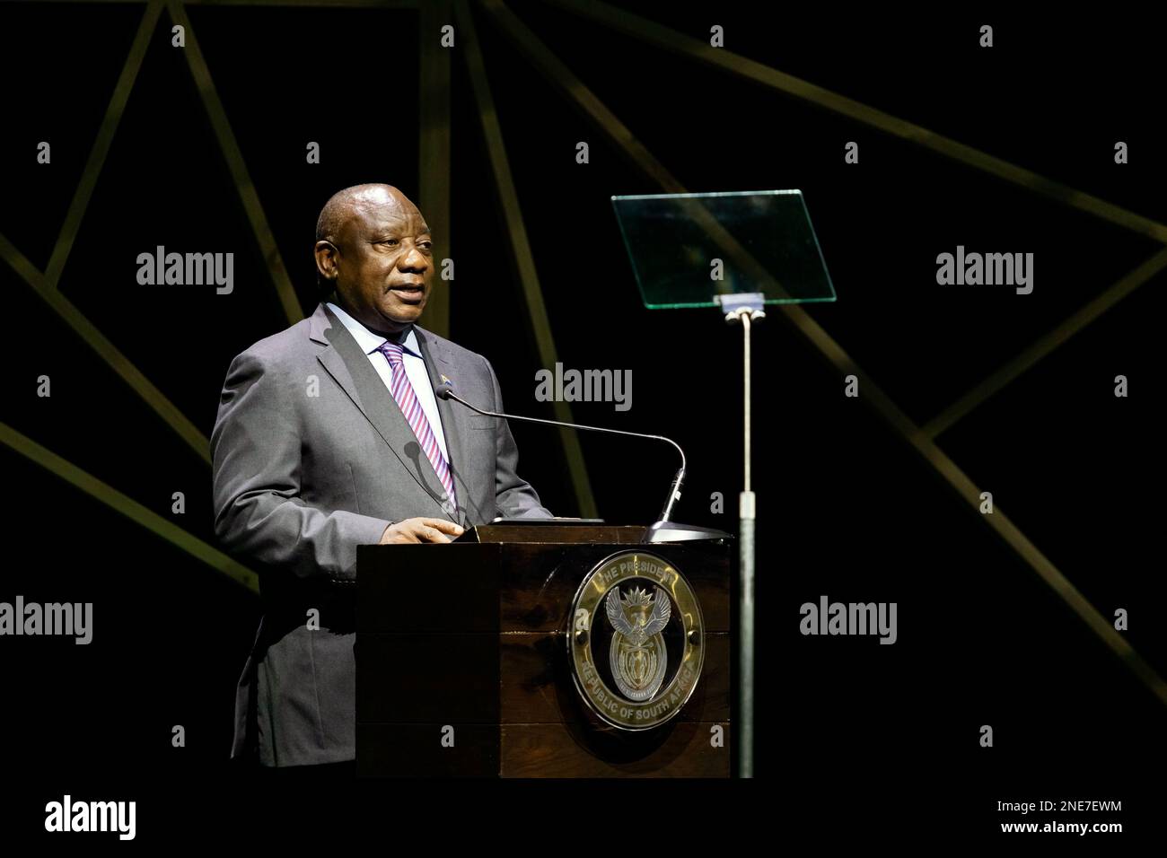 Cape Town, South Africa - February 7, 2023: Cyril Ramaphosa President of South Africa speaking at conference event Stock Photo