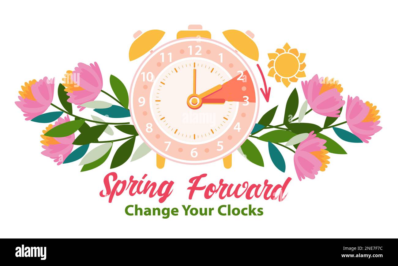 Daylight Saving Time Begins banner. Spring Forward. Reminder guide with clocks change one hour ahead. Vector illustration Stock Vector