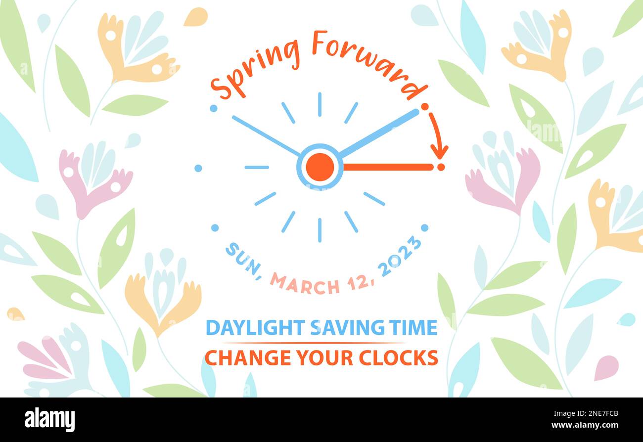 Daylight Saving Time Info Banner. Spring Forward concept with clock and