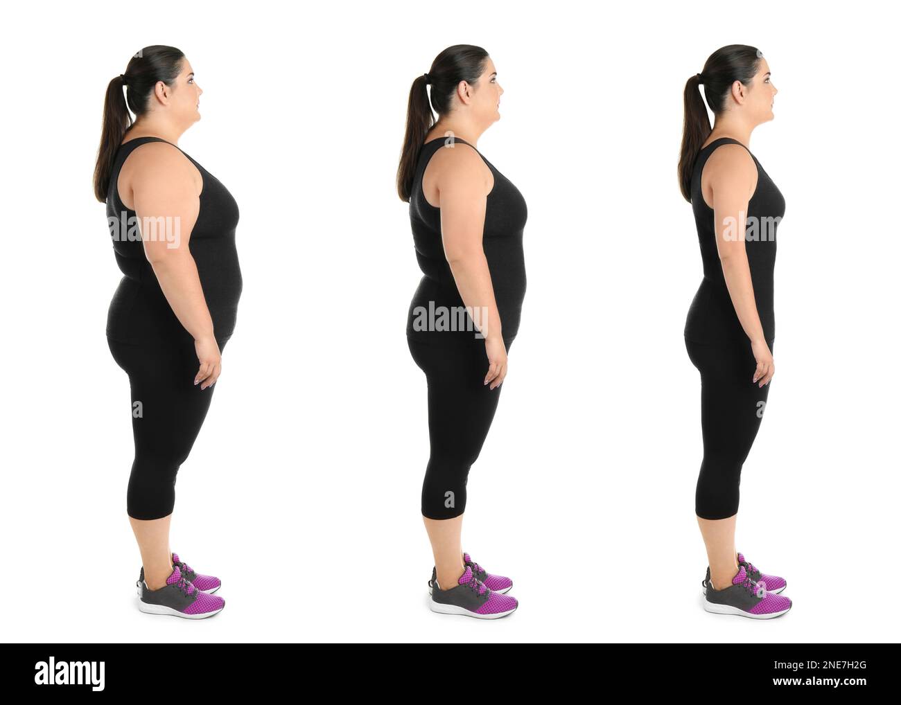Woman before and after weight loss on white background, collage Stock