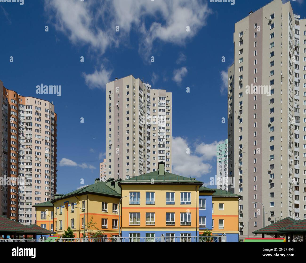 Modern residential apartment with flat buildings exterior. Detail of