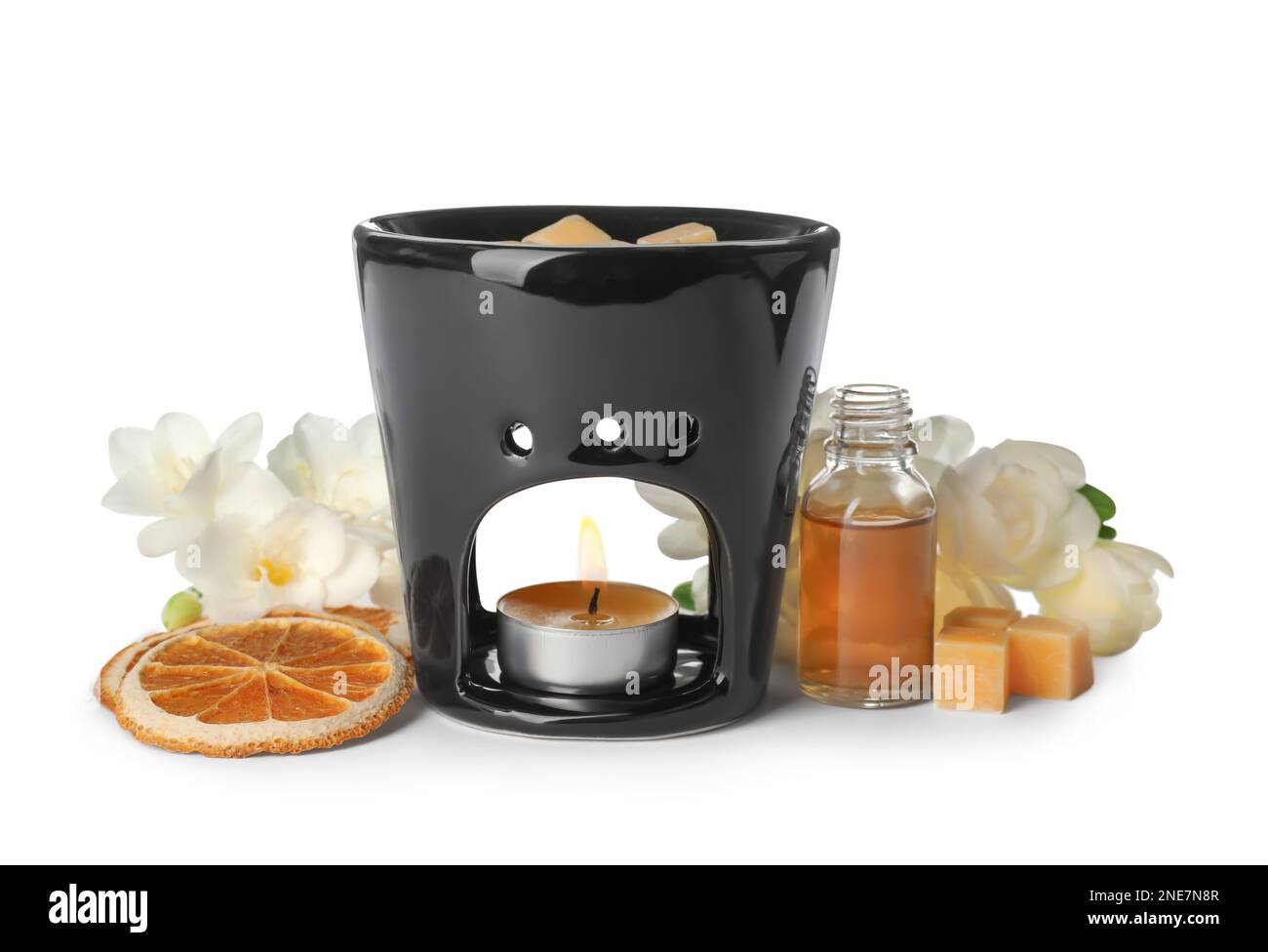 Composition with aroma lamp on white background Stock Photo Alamy