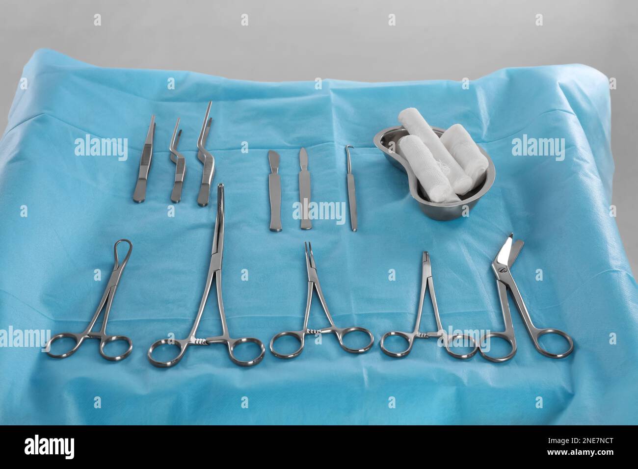 Set of different surgical instruments on table Stock Photo