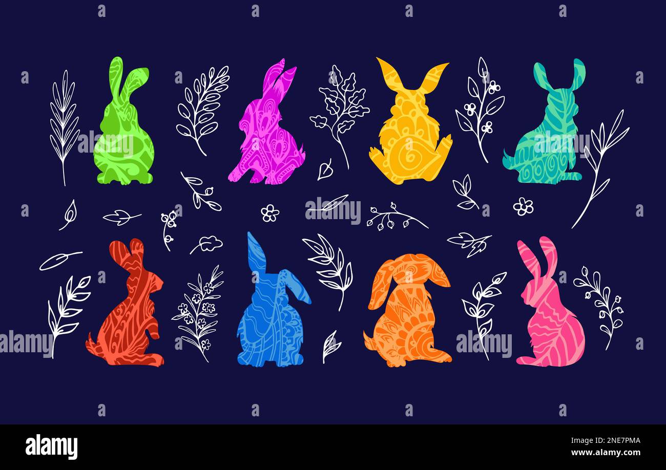 Colorful Easter bunnies doodle pattern and twigs Stock Vector