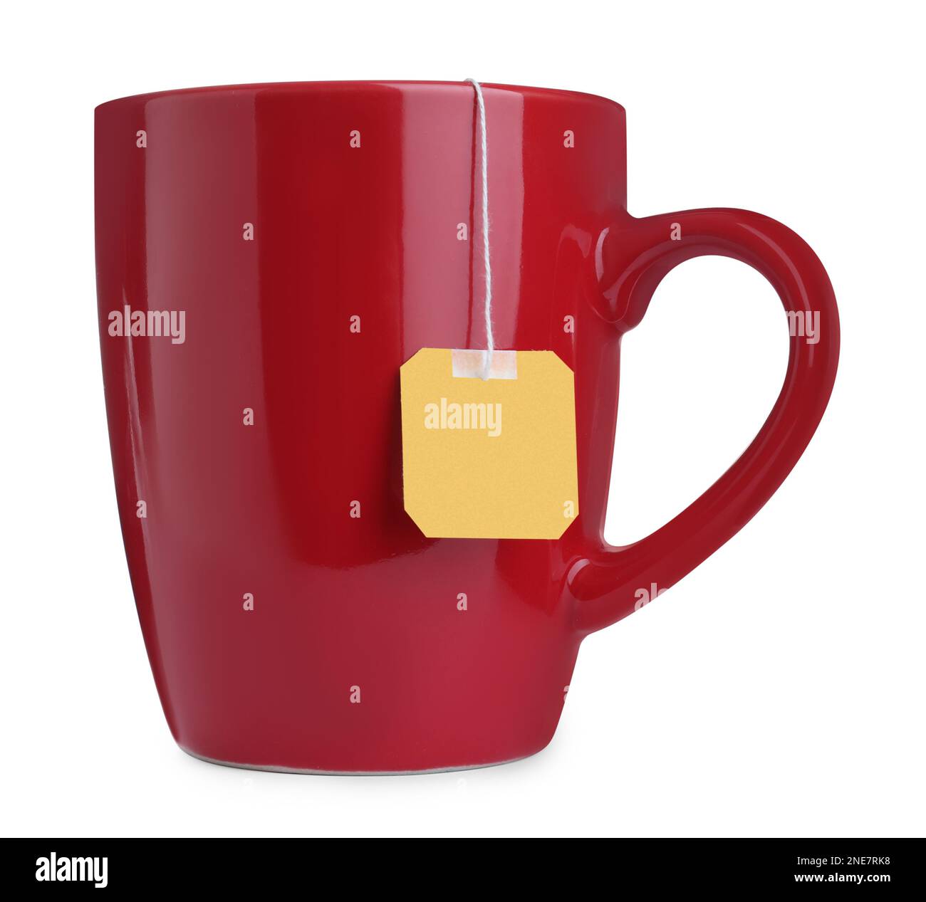 Red cup with teabag isolated on white Stock Photo
